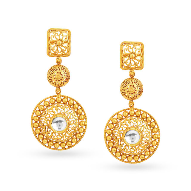 Antique 22 Karat Gold And Kundan Floral Dangler Earrings,,hi-res