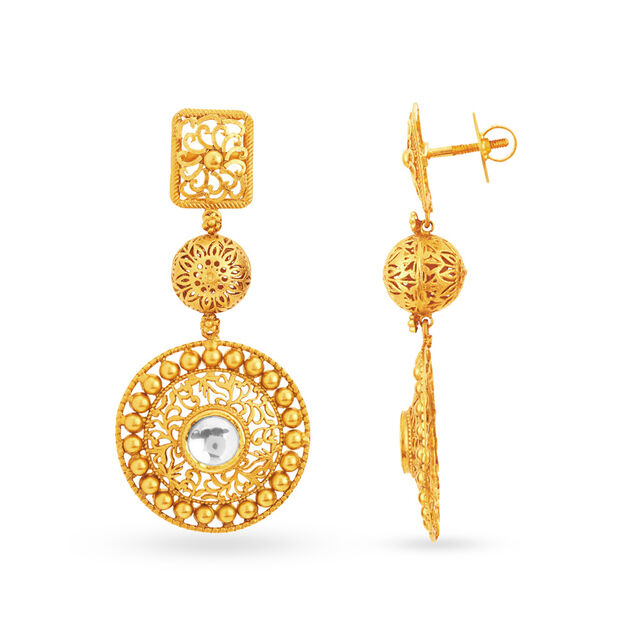 Antique 22 Karat Gold And Kundan Floral Dangler Earrings,,hi-res