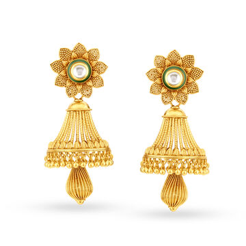 Glorious 22 Karat Yellow Gold Chandelier Style Kundan Jhumkas