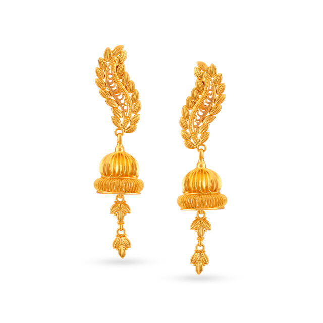 Intriguing 22 Karat Yellow Gold Leaf Patterned Jhumkas 
