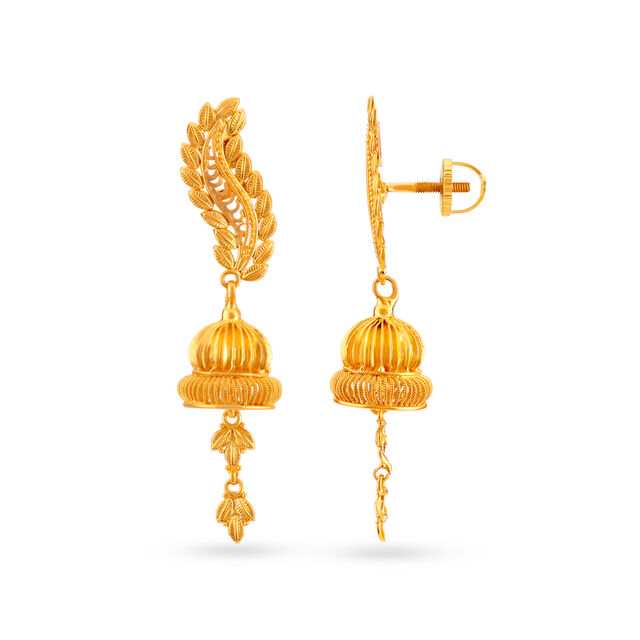 Intriguing 22 Karat Yellow Gold Leaf Patterned Jhumkas 2
