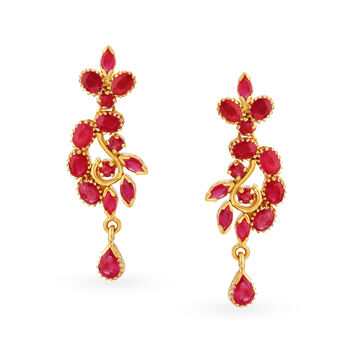 Enthralling 22 Karat Gold And Ruby Floral Drop Earrings