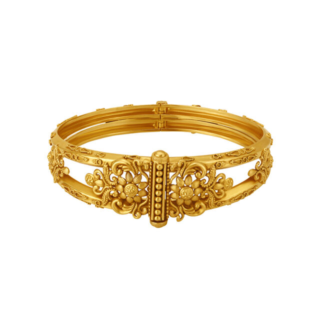 Queenly 22 Karat Yellow Gold Floral Carved Bangle,,hi-res 
