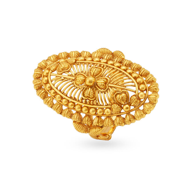 Floral Yellow Gold Boat Finger Ring,,hi-res