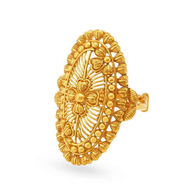 Floral Yellow Gold Boat Finger Ring,,hi-res