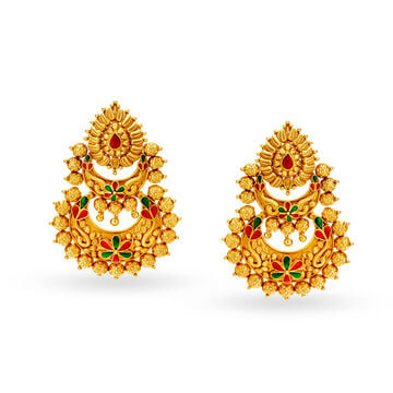Majestic 22 Karat Yellow Gold Meenakari Chandbali Drop Earrings