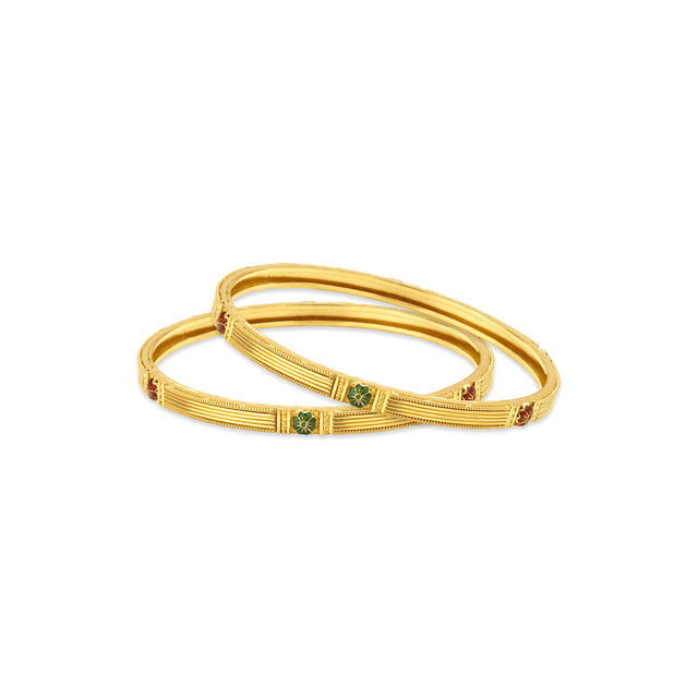 Ardent Yellow Gold Ribbed Floral Bangles,,hi-res