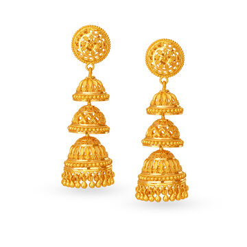 Grandiose 22 Karat Yellow Gold Tiered Jhumkas