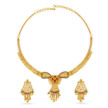 Traditional Yellow Gold Floral Necklace and Earrings Set