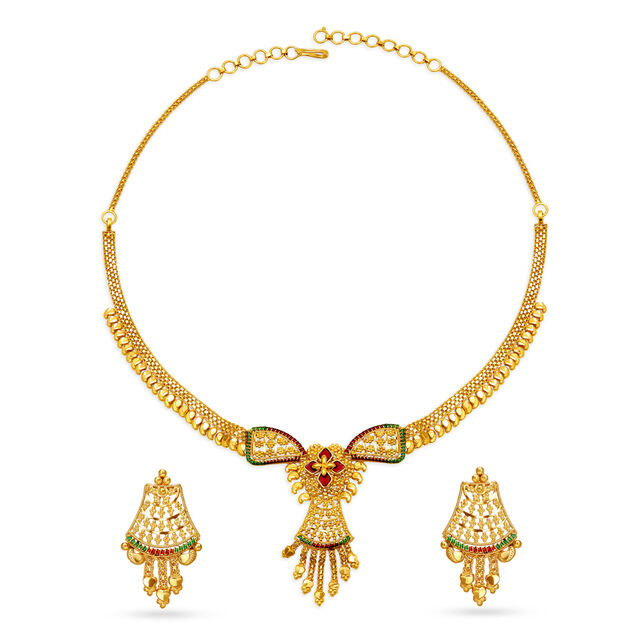 Traditional Yellow Gold Floral Necklace and Earrings Set,,hi-res