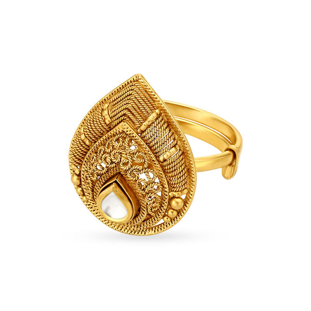 Teardrop Motif Gold and Kundan Glass Finger Ring,,hi-res