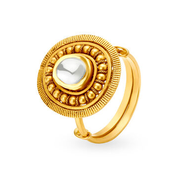 Opulent 22 Karat Yellow Gold Textured Oval Kundan Finger Ring