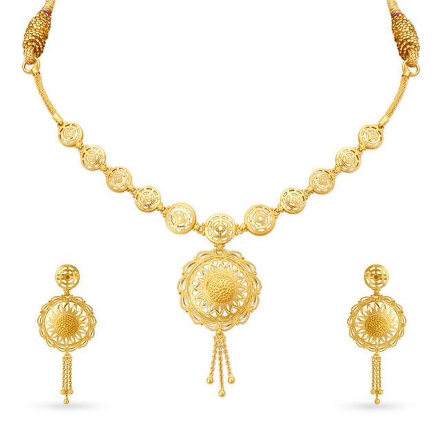Jali Work Floral Gold Necklace Set,,hi-res 