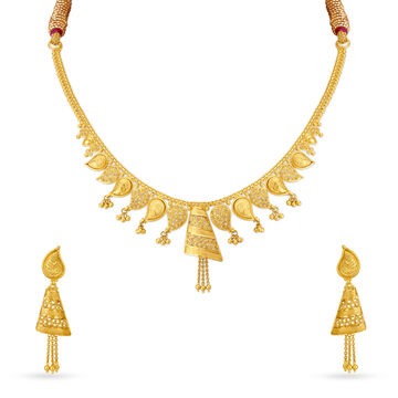 Asymmetric Yellow Gold Filigree Necklace and Earrings Set