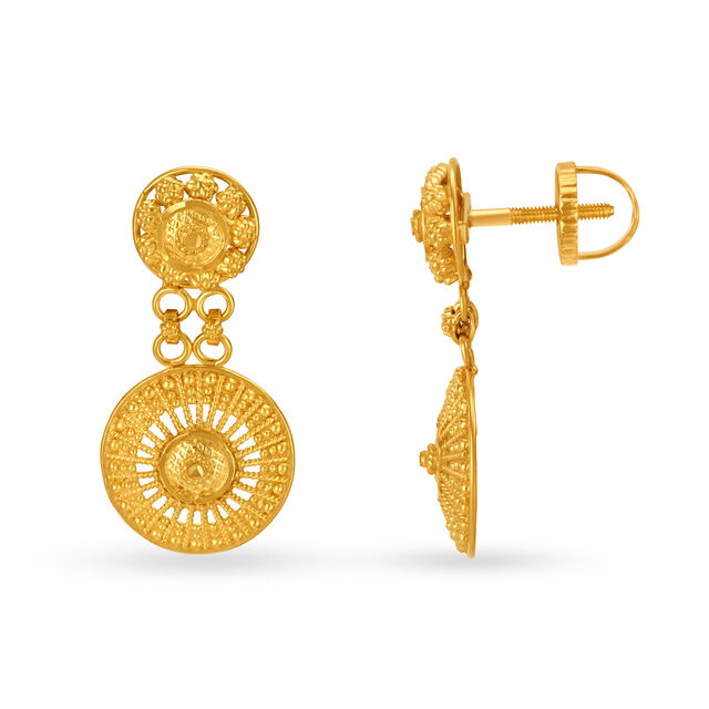 Floral Motif Gold Drop Earrings with Wheel Pattern 2