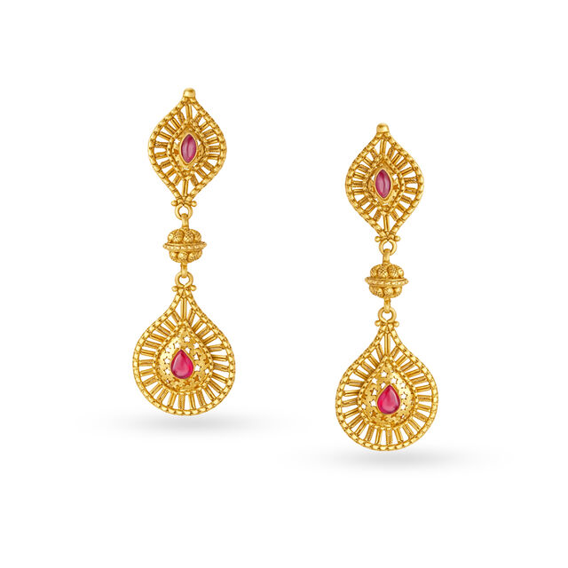 Two Tiered Carved Gold Drop Earrings,,hi-res