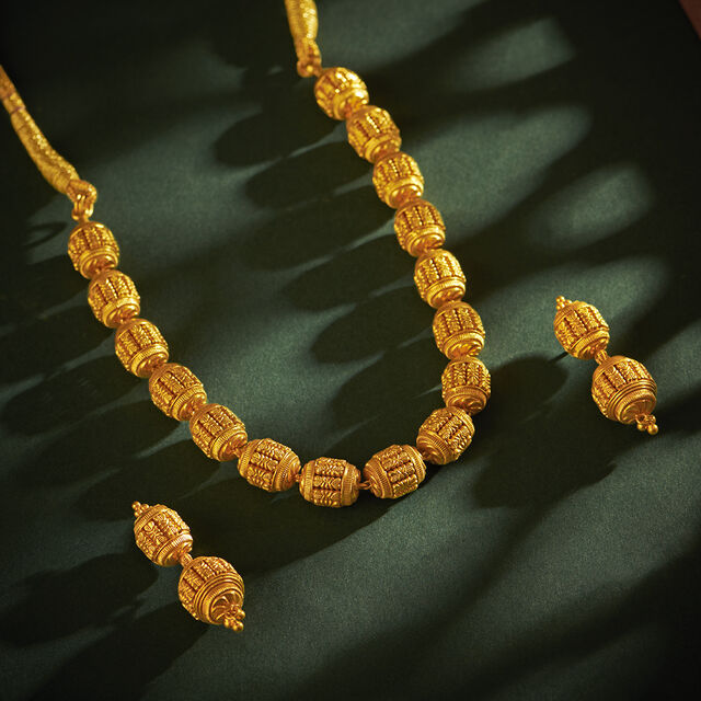 Gold Beads Long Mala Designs In Gold Buy Striking Carved Beads