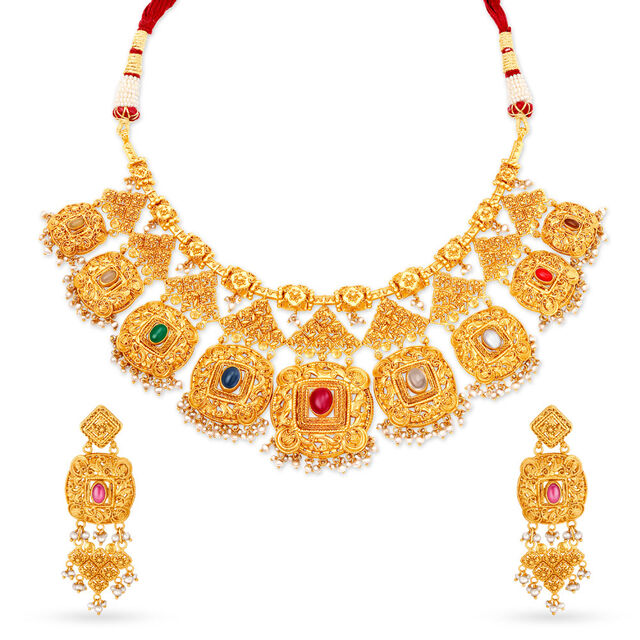 Bewitching Coloured Stones Studded Gold Necklace Set,,hi-res