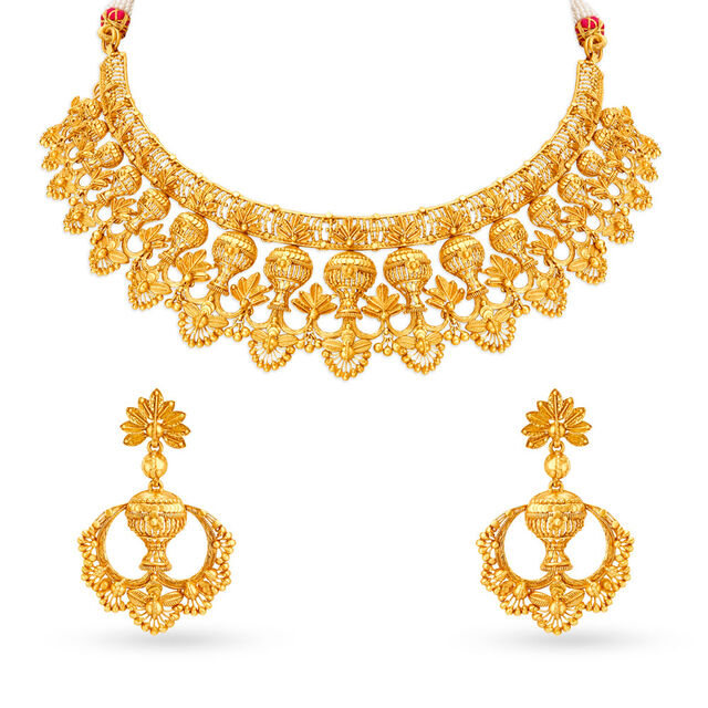 Mesmeric 22 Karat Yellow Gold Carved Vase Necklace And Earrings Set,,hi-res 