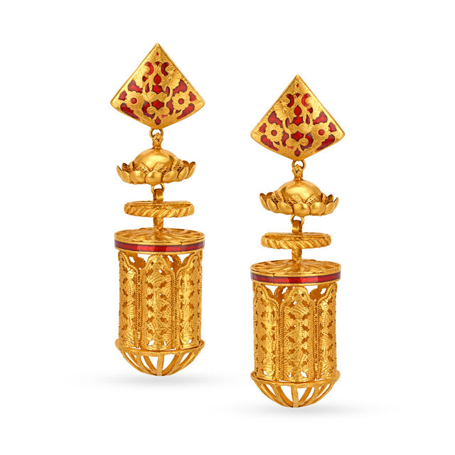 Traditional 22 Karat Yellow Gold Cylindrical Drop Earrings,,hi-res 
