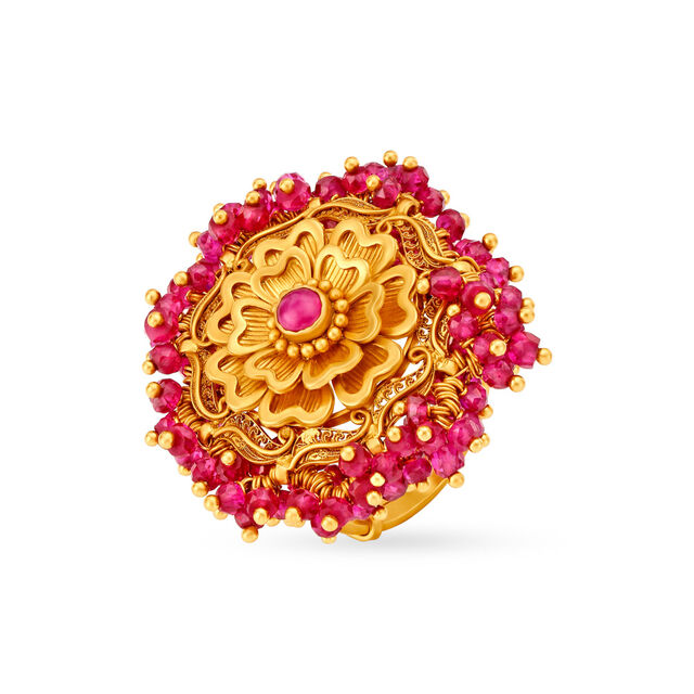 Floral Gold and Magenta Stone Finger Ring 