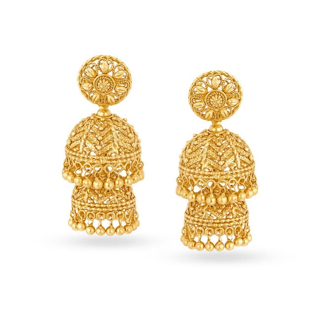 Enchanting 22 Karat Yellow Gold Filigree Tiered Jhumkas,,hi-res