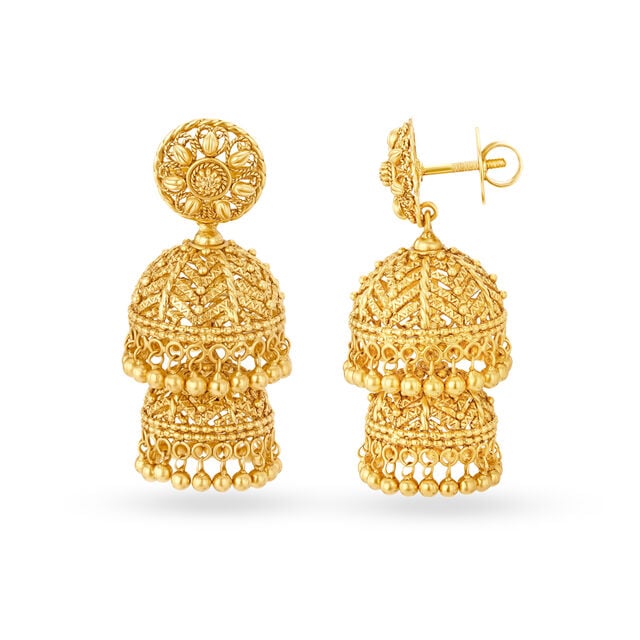 Enchanting 22 Karat Yellow Gold Filigree Tiered Jhumkas,,hi-res