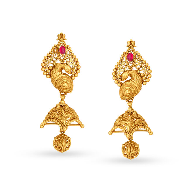 Mesmerizing 22 Karat Yellow Gold Peacock Drop Earrings,,hi-res 