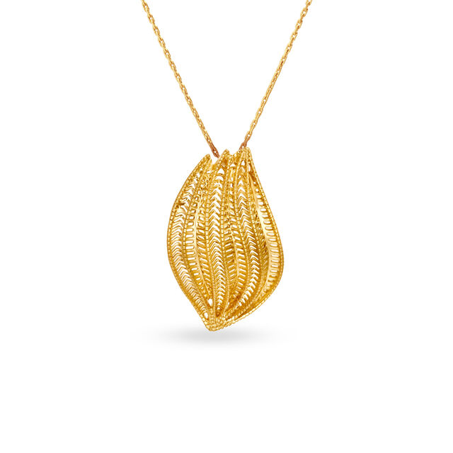 Modish Yellow Gold Spathe Pendant and Earrings Set