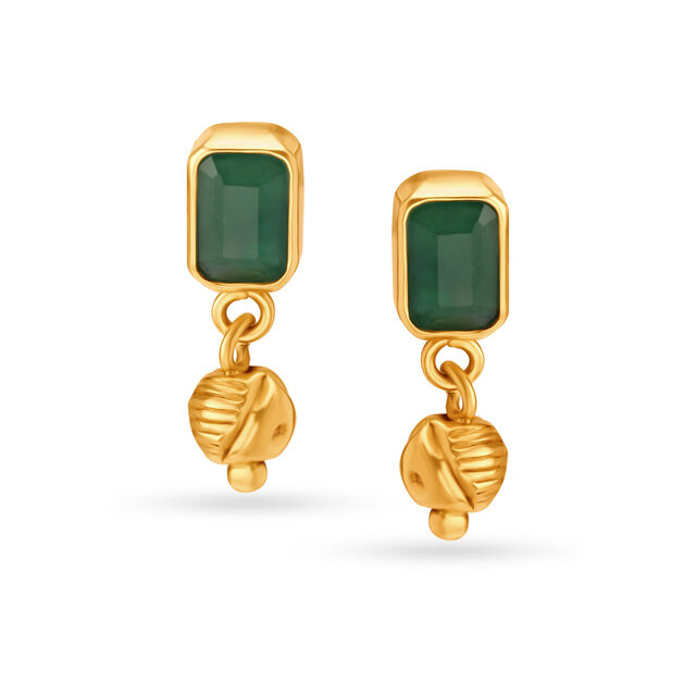 Carved Hexagonal Emerald Gold Drop Earrings 
