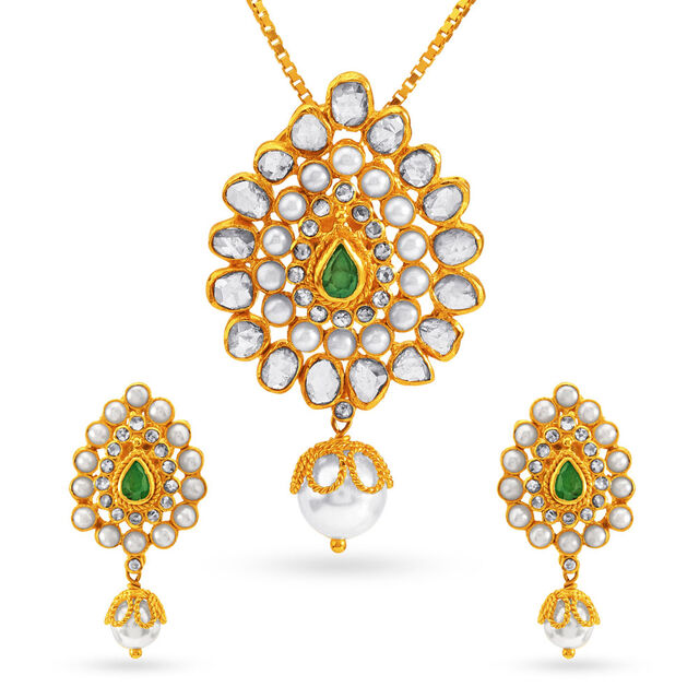 Emerald And Pearl Gold Pendant And Earrings Set,,hi-res 