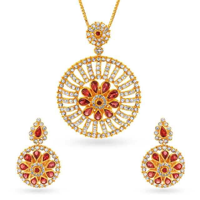 Captivating Circular Floral Gold Pendant And Earrings Set,,hi-res 