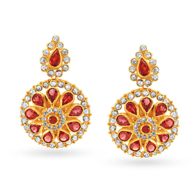 Captivating Circular Floral Gold Pendant And Earrings Set,,hi-res 2