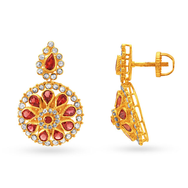 Captivating Circular Floral Gold Pendant And Earrings Set,,hi-res 3