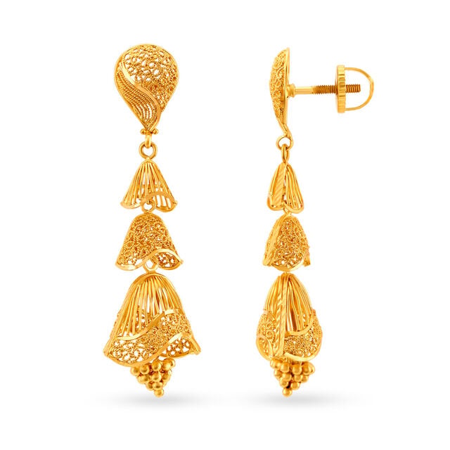Dainty Rawa Work Gold Jhumka Traditional Earrings,,hi-res