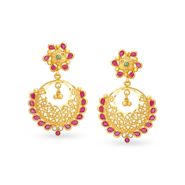 Floral Mesh Work Gold Drop Earrings 