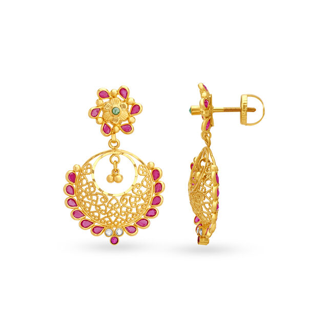 Floral Mesh Work Gold Drop Earrings 2