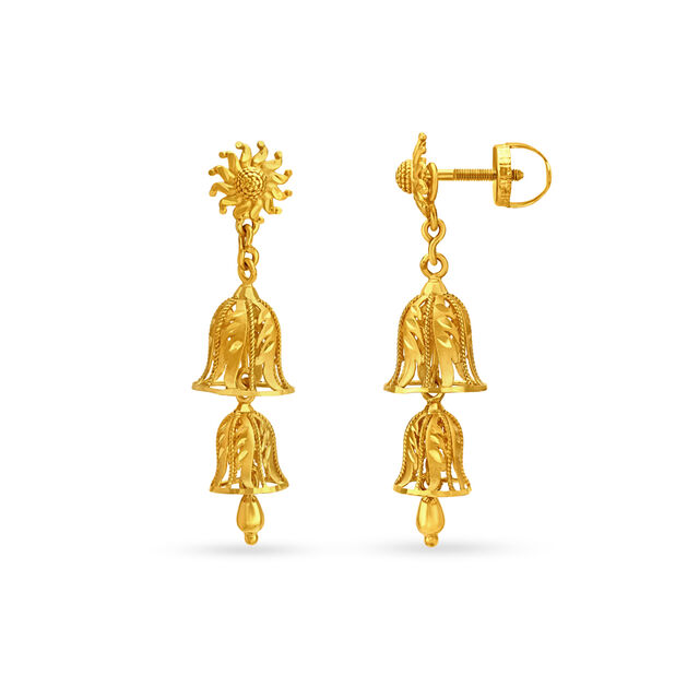 Artistic Yellow Gold Tiered Floral Jhumkas 2