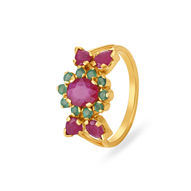Lush Floral Emerald and Ruby Gold Finger Ring 