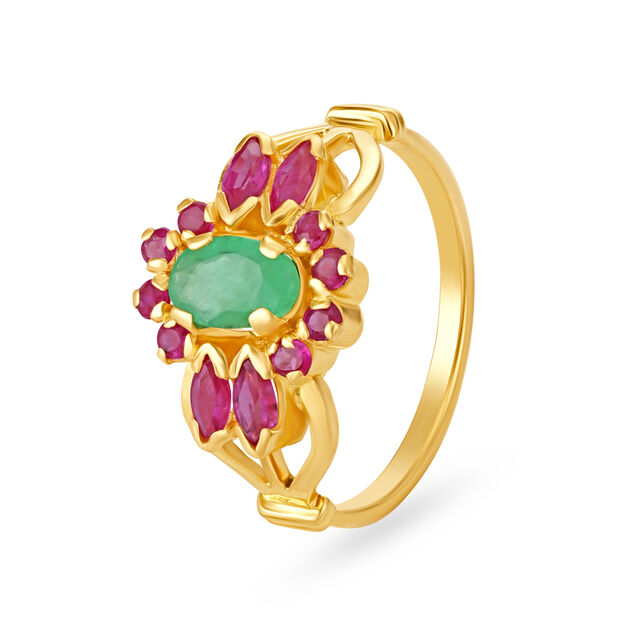Stylish Floral Gold Ring with Emerald and Rubies 