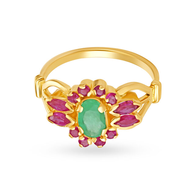 Stylish Floral Gold Ring with Emerald and Rubies 2