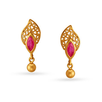 Ruby Leaf Motif Gold Drop Earrings With Jali Work