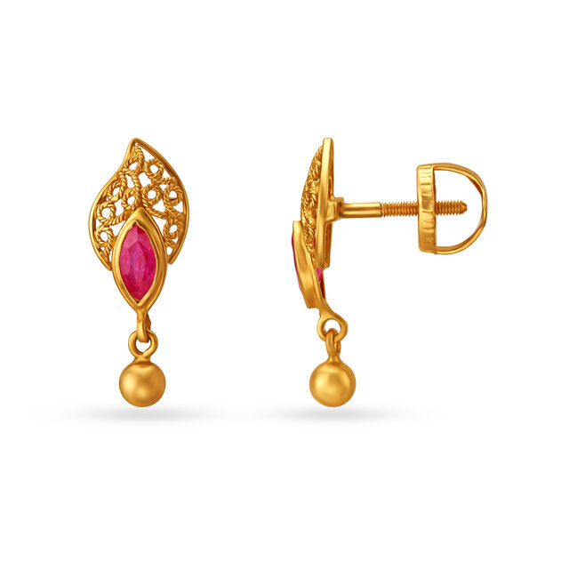 Ruby Leaf Motif Gold Drop Earrings With Jali Work 2
