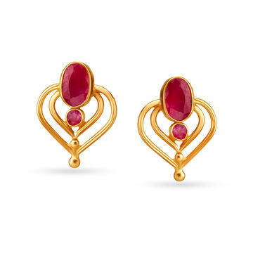 Ruby Heart Motif Gold Stud Earrings