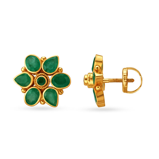 Emerald Floral Gold Stud Earrings 2