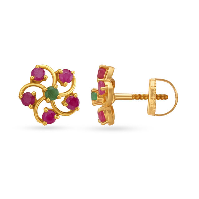Emerald And Ruby Floral Gold Stud Earrings 2