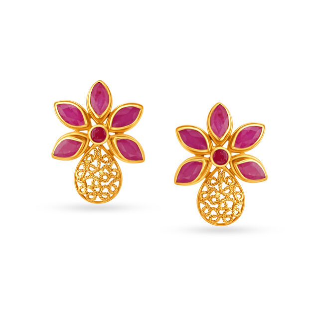 Ruby Floral Gold Stud Earrings With Jali Work,,hi-res 