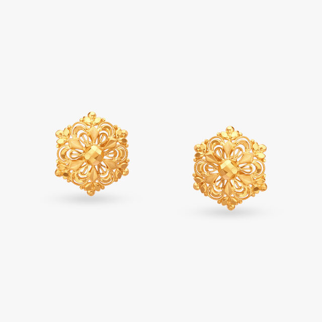 Hexagonal Gold Stud Earrings 