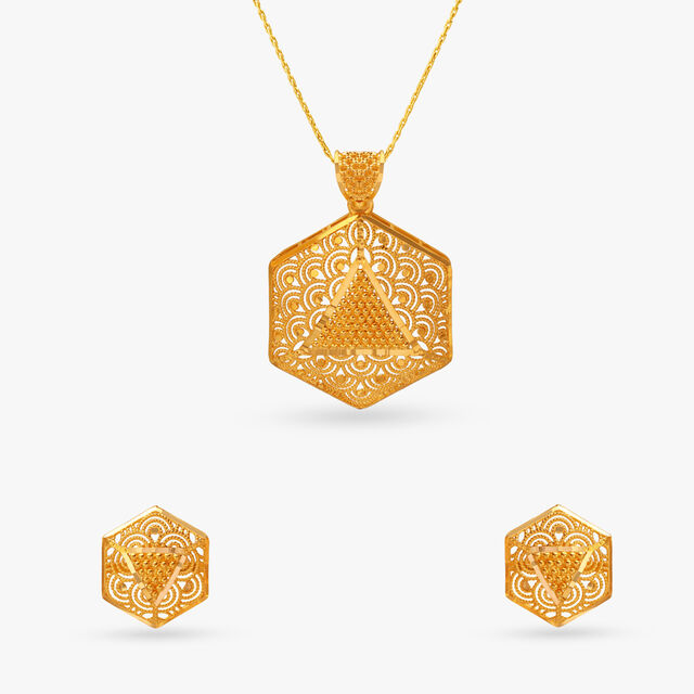 Artful Hexagon Gold Pendant and Earrings Set 