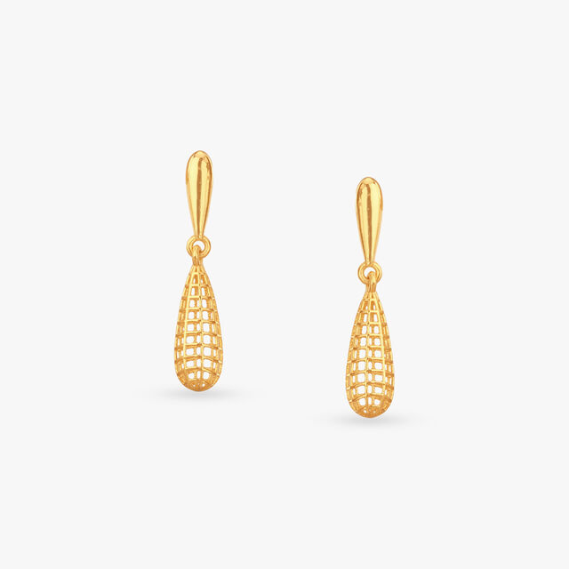 Grid Teardrop Gold Drop Earrings 